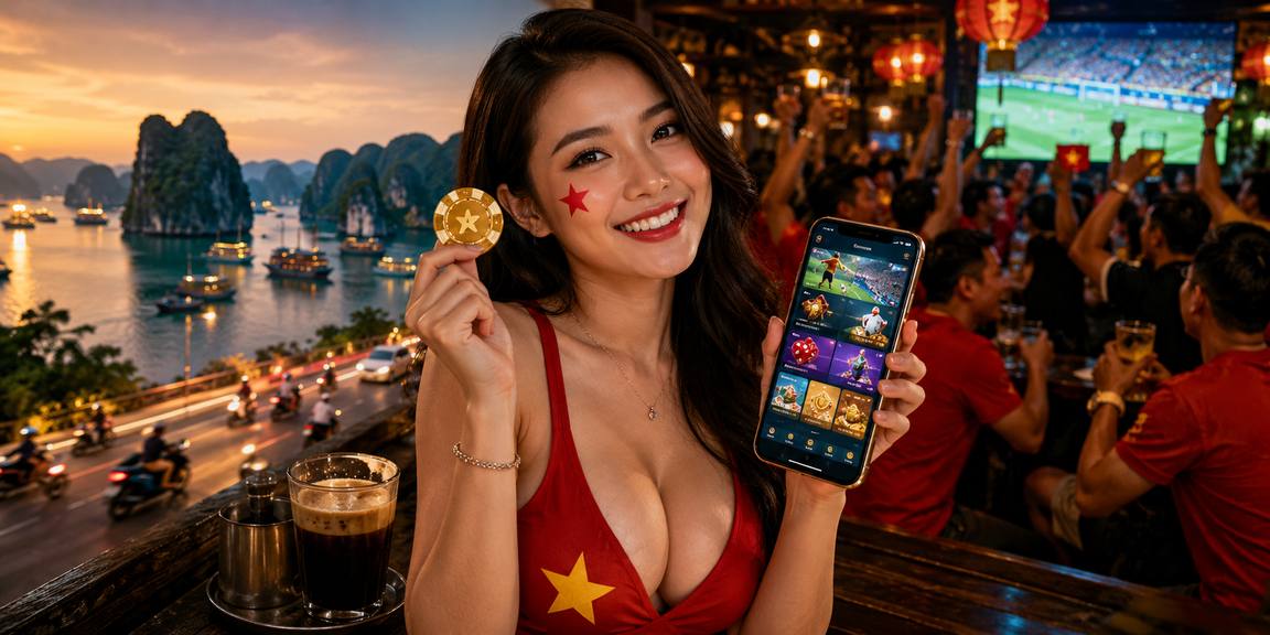 Người chơi sử dụng ứng dụng casino trực tuyến với phong cảnh Vịnh Hạ Long